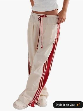 Casual Cream Track Pants with Red Side Stripes size small-fits like a medium